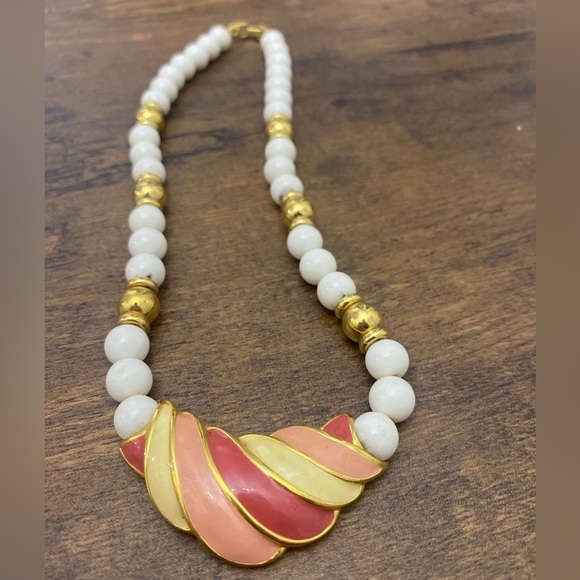 Napier White & Gold Acrylic Bead Necklace - Picture 3 of 9